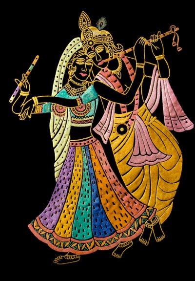 Radha Krishna-miniaturemaleri på fløjl af School Indian
