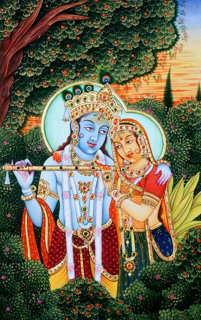 Radha Krishna-miniaturemalerier af School Indian