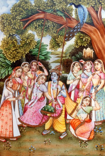 Radha Krishna-miniaturemalerier af School Indian