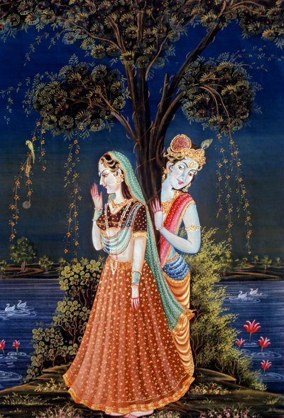 Radha Krishna-miniaturemalerier af School Indian