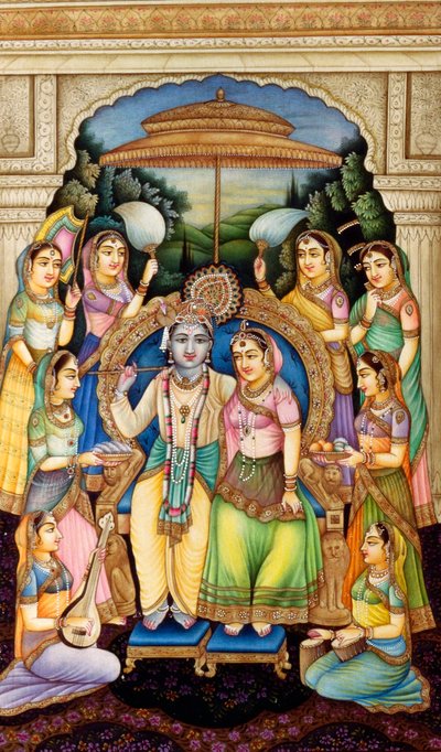 Radha Krishna i miniaturemaleri på elfenben af School Indian