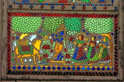 Radha Krishna med Sakhi på farvet glas af School Indian