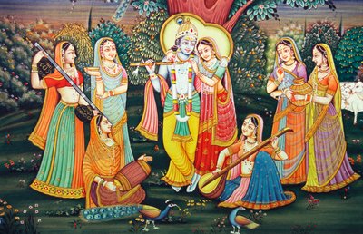 Radha Krishna med Sakhis nyder musikken af School Indian