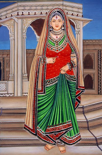 Rajasthani Lady at Tryst Miniaturemaleri på papir af School Indian