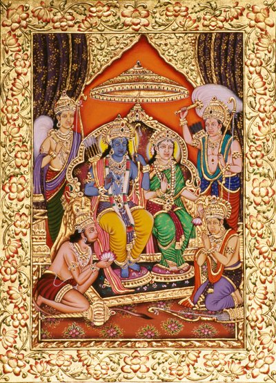 Ram Darbar i miniaturemaleri på papir med guldprægning af School Indian