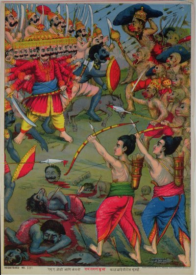 Rama og Lakshmana i kamp med Ravana, Ramayana-eposet, ca. 1914 (chromolitho) af School Indian