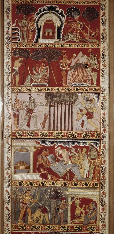 Scener af Ramayana, episk digt komponeret i det 6. århundrede af Valmiki og fortæller legenden om Rama. Western Bengal.Victori & Albert Library. London af School Indian