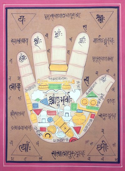 Tantrisk diagram af venstre hånd (gouache og akvarel på papir) af School Indian