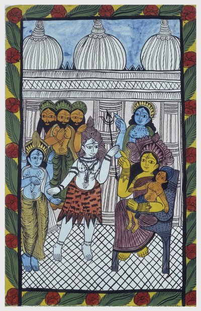 Guderne kommer for at beundre Krishna, legemliggjort i kroppen af et smukt barn, Ganesha (Ganesh eller Ganapati), der sidder på knæene af sin mor Parvati. Pat: malet rulle fra Bengal-regionen, der tjener som et fortællende medium for sangerne Baoul (Baul). af School Indian