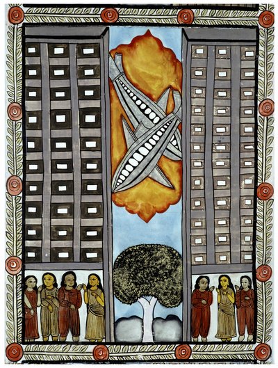 Historien om angrebene den 11. september 2001 fortalt af kræmmerne Baul fra Bengalen, en illustration af de fly, der deltager i World Trade Center i New York. Maleri, serie, nummer 3/9, Bengal. af School Indian