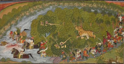 Tiger Hunt, ca. 1800 (blæk og farve på papir) af School Indian