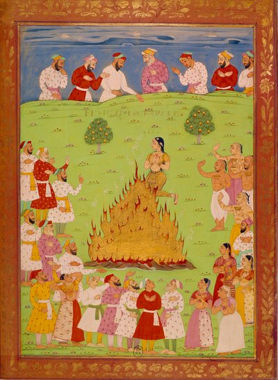 Kvinde fra radja jasingle, der ofrer sig selv i hjertet af shah alem. Indiske og persiske miniaturer i "" Indiens historie fra Tamertante til Orangreyb"" af Niccolo Manucci (1638-1717). BN, Paris. af School Indian
