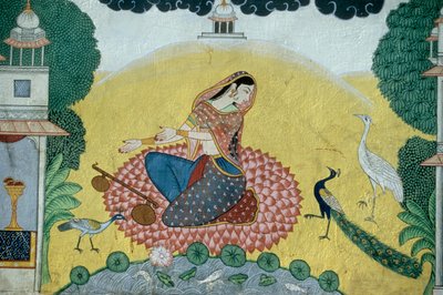 Kvinde med Rudra Veena Miniaturemaleri, Indien af School Indian