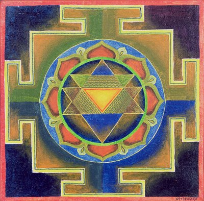 Yantra-maleri (pigment på plade) af School Indian