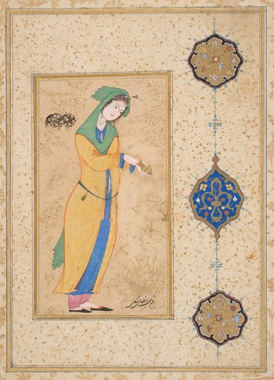 Houri stående i en have (ugennemsigtig akvarel på papir) af School Iranian