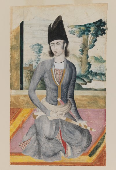 Siddende Qajar Prince (blyant og uigennemsigtig akvarel på papir) af School Iranian