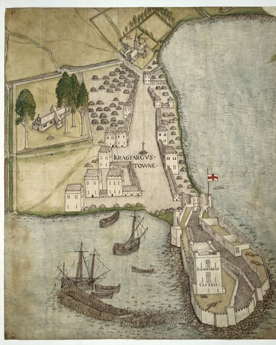 The Castle and Town of Carrickfergus, Irland, ca. 1560 (pen & blæk & akvarel på papir) af School Irish