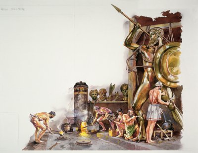 Antikkens Athen - rekonstruktion af et bronzeskulpturværksted (farve litho) af School Italian