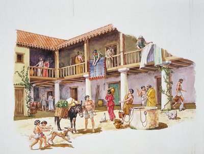 Det gamle Athen - rekonstruktion af et hus (farve litho) af School Italian
