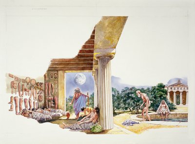Det gamle Athen - rekonstruktion af Asklepieion (farve litho) af School Italian