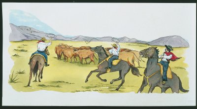Argentina - gauchos samler kvæg i Pampas (farve litho) af School Italian