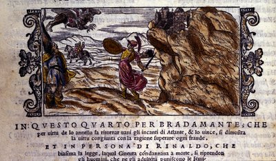 Bradamante river Brunel sin fortryllende ring i stykker, takket være hvilken hun forringer Atlantes magt og leverer Roger (Ruggero, Ruggiero), scene for ridderdigtet "Orlando Furioso" (Den rasende Roland) af Ludovico Ariosto (1474 - 1533) dit L 