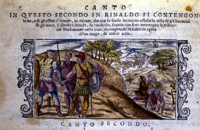 Til højre møder Angelique (Angelica) en eremit, der vil stoppe kampen mellem Renaud (Rinaldo) og Sacripant (Sacripante) om hesten Bayard - Scene taget fra ridderdigtet "Orlando Furioso" (Le Roland Furieux) af Ludovico Ariosto ( 1474-1533) af School Italian