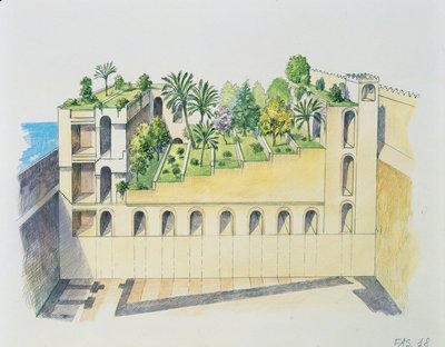 Nebukadnezars palads, Babylon, med hængende haver (farve litho) af School Italian