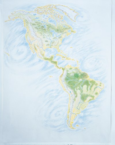 Fysisk kort over Amerika (farve litho) af School Italian