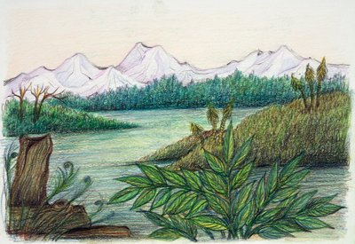 Forhistorisk - rekonstruktion af naturmiljø (farve litho) af School Italian