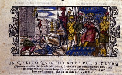 Prinsesse Ginevra er uskyldig, og kampen mellem bagvaskelsen og den ukendte ridder, der kom for at forsvare Ginevra, afbrydes. scene af ridderdigtet af "Orlando Furioso" (Den rasende Roland) af Ludovico Ariosto (1474 - 1533) kaldet L