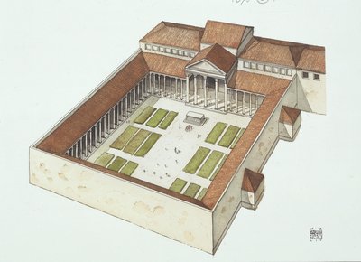 Rekonstrueret forum bygget af Titus Flavius Vespasianus (farve litho) af School Italian