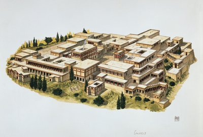 Rekonstruktion af Knossos Palace, Kreta, 20. århundrede f.Kr. (farve litho) af School Italian