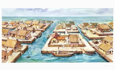 Rekonstruktion af havnen i Spina (farve litho) af School Italian