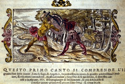 Repræsentation af kampen mellem Ferragus, boghveden og Renaud (Rinaldo), begge forelsket i den smukke Angelica (Angelica), scene taget fra ridderdigtet "Orlando Furioso" (Den rasende Roland) af Ludovico Ariosto (1474-1533) kaldet L
