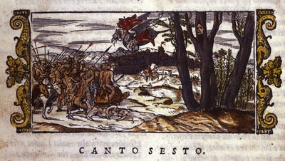 Ruggiero bliver båret af hippogriffen til øen Alcina, hvor han bliver angrebet af en hær af monstre, scene fra "Orlando Furioso" af Ludovico Ariosto (1474-1533) af School Italian