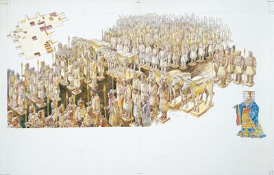 Terracottahær i kejser Qin Shi Huangs grav (farve litho) af School Italian