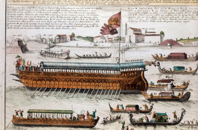Udsigt over lagunen i Venedig og Bucentaur. (Bucentauro) På Kristi Himmelfartsdag krydsede dogen Venedig-lagunen for at nå mundingen af det åbne hav ombord på et skib kaldet Bucentaur. Gravering. Venedig, correr museum af School Italian