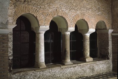 Udsigt over klostret i Saint Vincent og Saint Anasthasus-kirken, klosteret af de tre fontæner (Tre-Fontane) (Chiesa dei Santi Vincenzo e Anastasio alle Tre Fontane) (Udsigt over klosteret i kirken St Vincenzo e Anastasio, abbazia delle T af School Italian