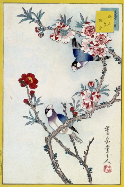 Fugle i et blomstrende træ - japansk print af Japanese School