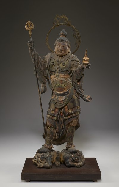 Bishamonten (Vaisravana, Nordens vogter) (polykromt træ med krystal, bladguld og metal) af Japanese School