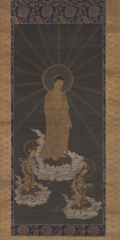 Descent of Amida, eller Raigo, Muromachi Periode c.1333-1568 (blæk på stof) af School Japanese