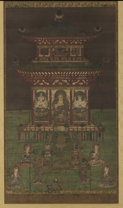 Horokaku Mandara: Buddha og tilhørende guddommeligheder, Heian-perioden (farve og guld på silkepanel) af Japanese School