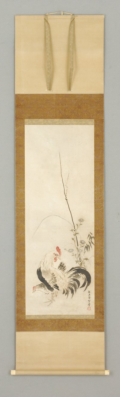 Kakemono, hane og høne m/blomster af Japanese School