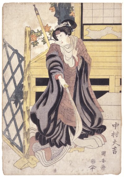 Nakamura Daikichi, kvinderolle med hellebard (farvetræsnit) af School Japanese