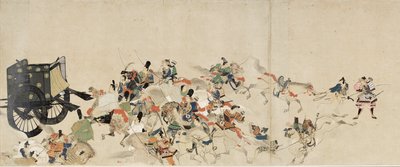 Illustreret fortælling om borgerkrigen, det kejserlige besøg i Rokuhara (Illustreret fortælling om borgerkrigen, Det kejserlige besøg i Rokuhara) - Anonymt værk, akvarel og blæk på papir, tredje rulle af School Japanese