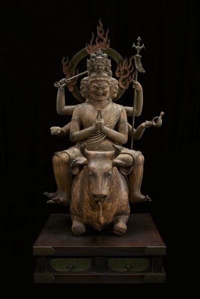 Wisdom King of Awe-inspiring Power (Daiitoku Myōō) (polykromt træ med krystal, bladguld og metal) af Japanese School