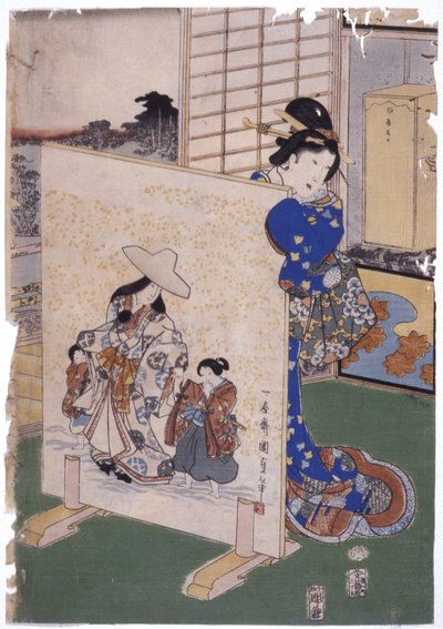 Kvinde står bag Tsuitate med maleri S. "Kunisada" (farvetræsnit) af School Japanese