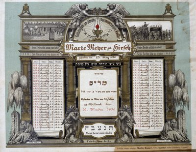 Mindekalender for fremtidige lighustjenester for en afdød nær slægtning. Jahrzeit maleri. Jødisk museum i Basel, Schweiz. af School Jewish