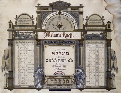 Mindekalender for fremtidige lighustjenester for en afdød nær slægtning. Jahrzeit maleri. Jødisk museum i Basel, Schweiz. af School Jewish